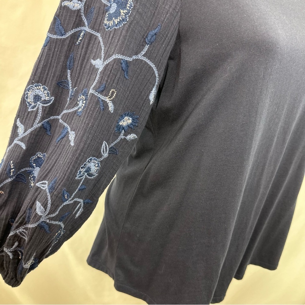 Chico’s Navy Blue Embroidered Long Sleeve Top Size 2 Large Boho Blouse Cotton - Picture 3 of 8